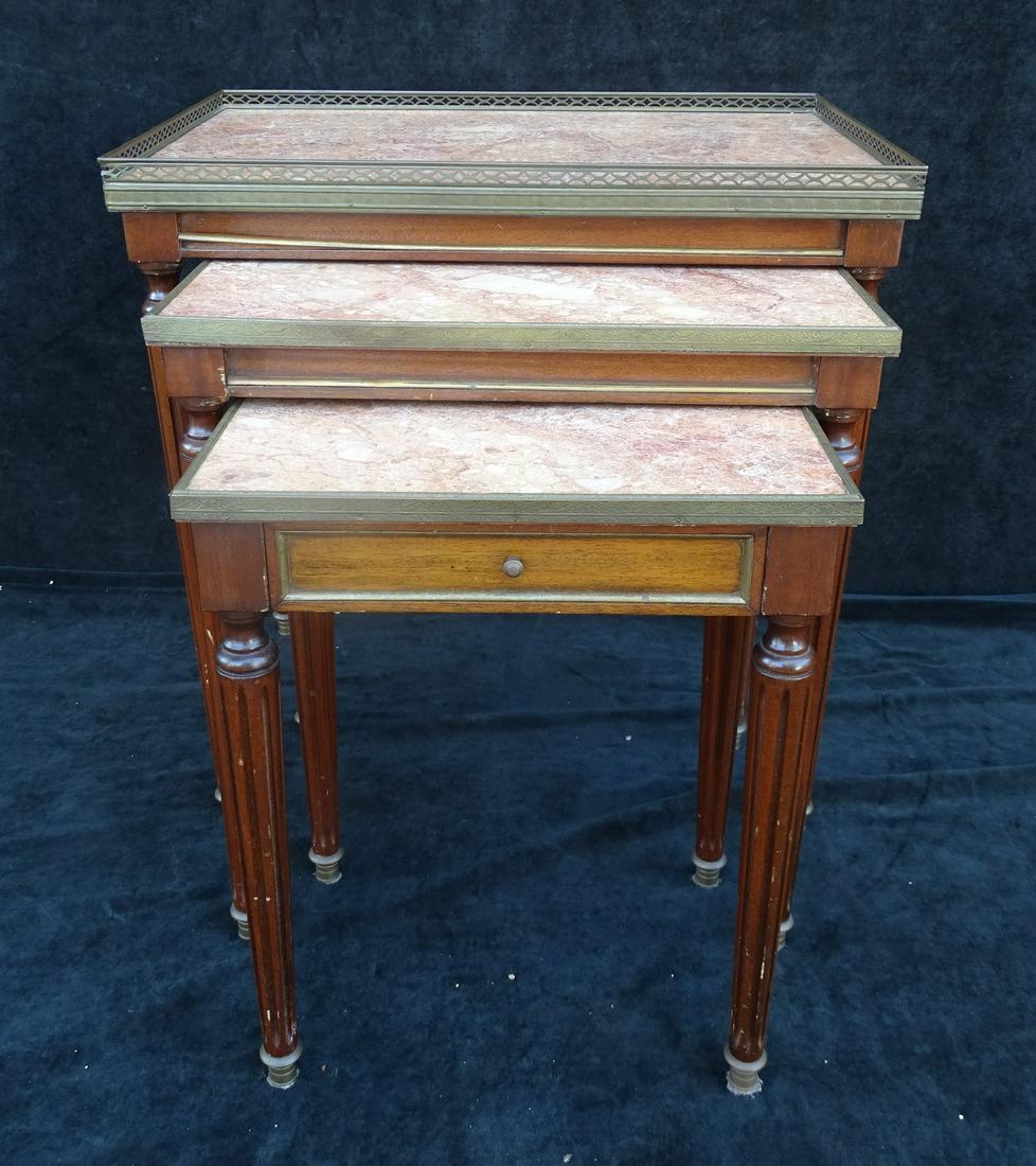 NEST OF 3 TABLES MANNER OF JANSEN, MARBLE TOP, BRASS (1 of 9)