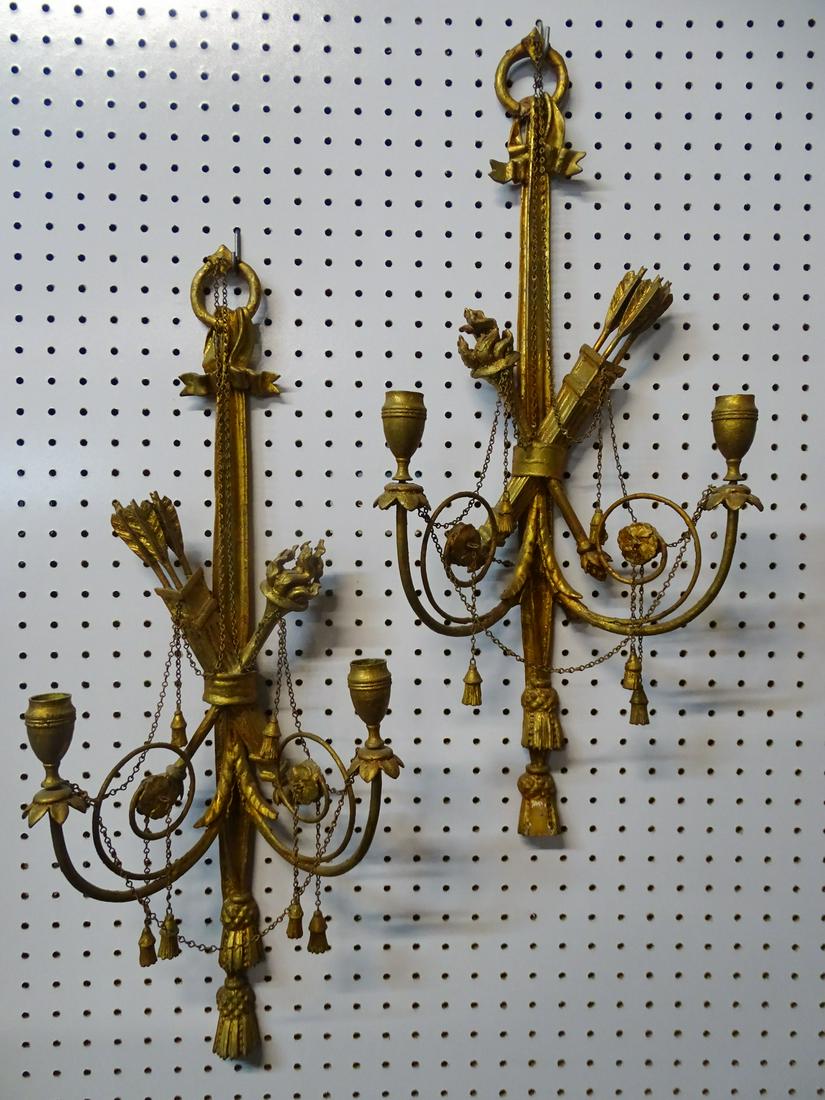 PAIR OF EXCEPTIONAL GILT WOOD SCONCESW/TORCH & QUIVER (1 of 12)