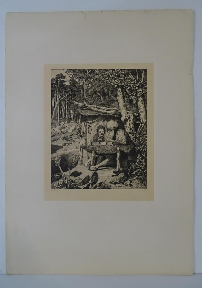MAX KLINGER SIMPLICIUS' WRITING LESSON, INTERMEZZI: MAX KLINGER SIMPLICIUS' WRITING LESSON, INTERMEZZI OPUS IV 1881 ETCHING 13" X 10.5"
