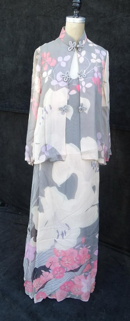 VINTAGE HANAE MORI LONG SILK CHEMISE DRESS W MATCHING: VINTAGE HANAE MORI LONG SILK CHEMISE DRESS W MATCHING JACKET FLORAL PATTERN BERGDORF GOODMAN SIZE 10