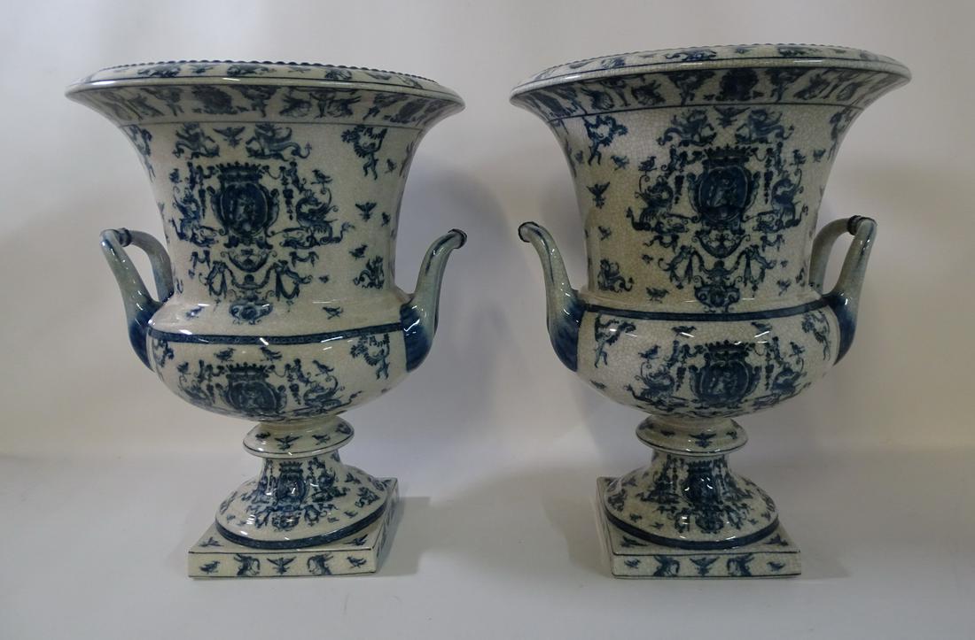 PR. BLUE & WHITE PORCELAIN 2 HANDLE URNS 15"H X 12"DIA. (1 of 7)