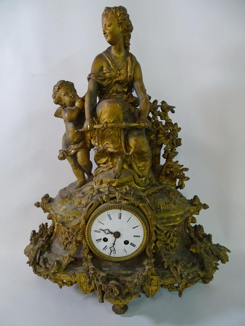 FRENCH FIGURAL GILT METAL MANTLE CLOCK 23" H (1 of 10)