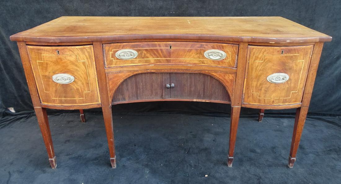 GEORGE III INLAID MAHOGANY TAMBOUR DRAWER SIDEBOARD: GEORGE III INLAID MAHOGANY TAMBOUR DRAWER SIDEBOARD 36"X66"X25"