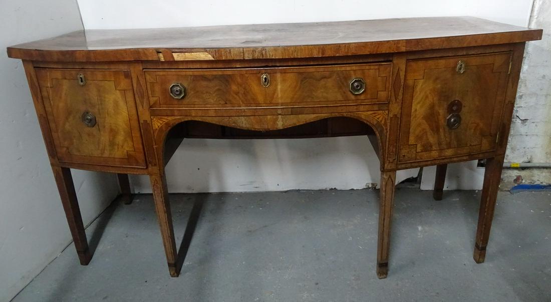 GEORGE III INLAID MAHOGANY SERPENTINE SIDEBOARD W/: GEORGE III INLAID MAHOGANY SERPENTINE SIDEBOARD W/ VENEER LOSSES 35" X 70" X 28"