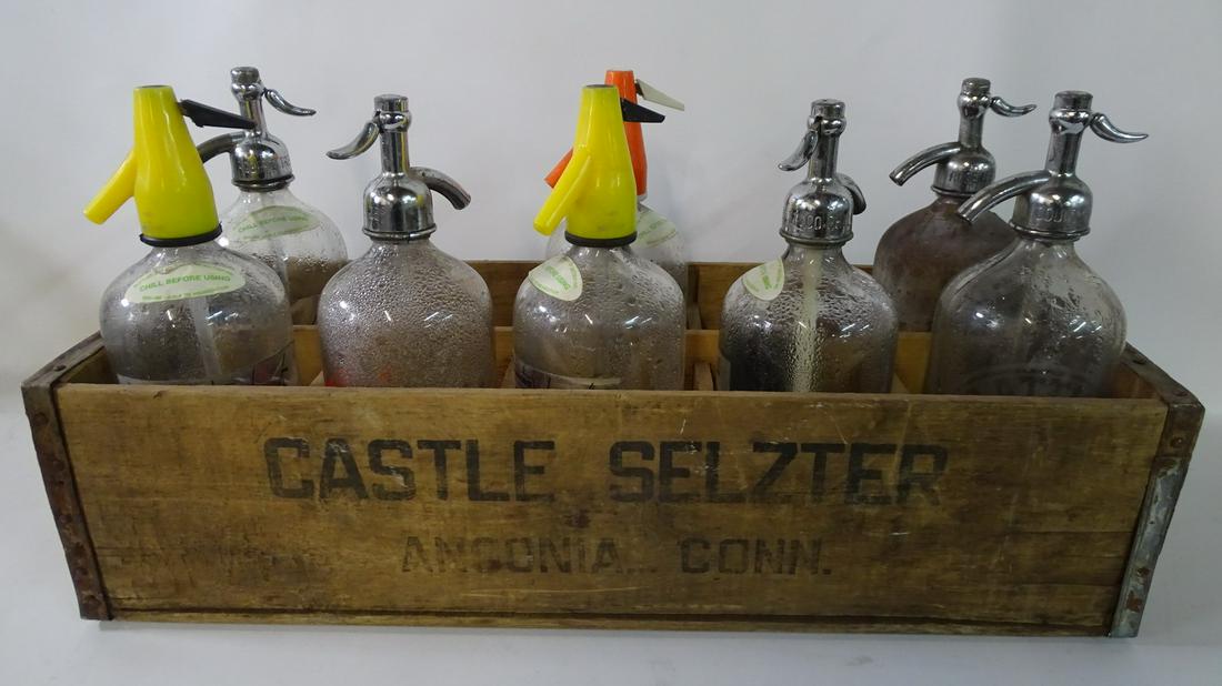 VINTAGE CASTLE SELTZER BOTTLES W/ WOODEN CASE 9''H. (1 of 9)