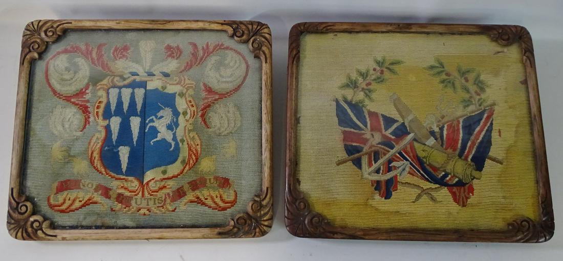 2 ANTIQUE FRAMED NEEDLEPOINT COAT OF ARMS 14.5X16.5 (1 of 15)