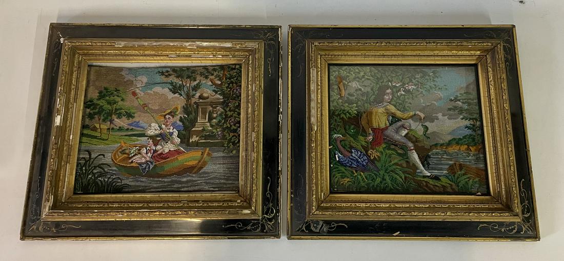 ANTIQUE FRENCH PAIR OF MICRO-GLASS BEADWORK PANELS: ANTIQUE FRENCH PAIR OF MICRO-GLASS BEADWORK PANELS (PASTORAL SCENES) 9" X 11.5", 18-19 CEN.