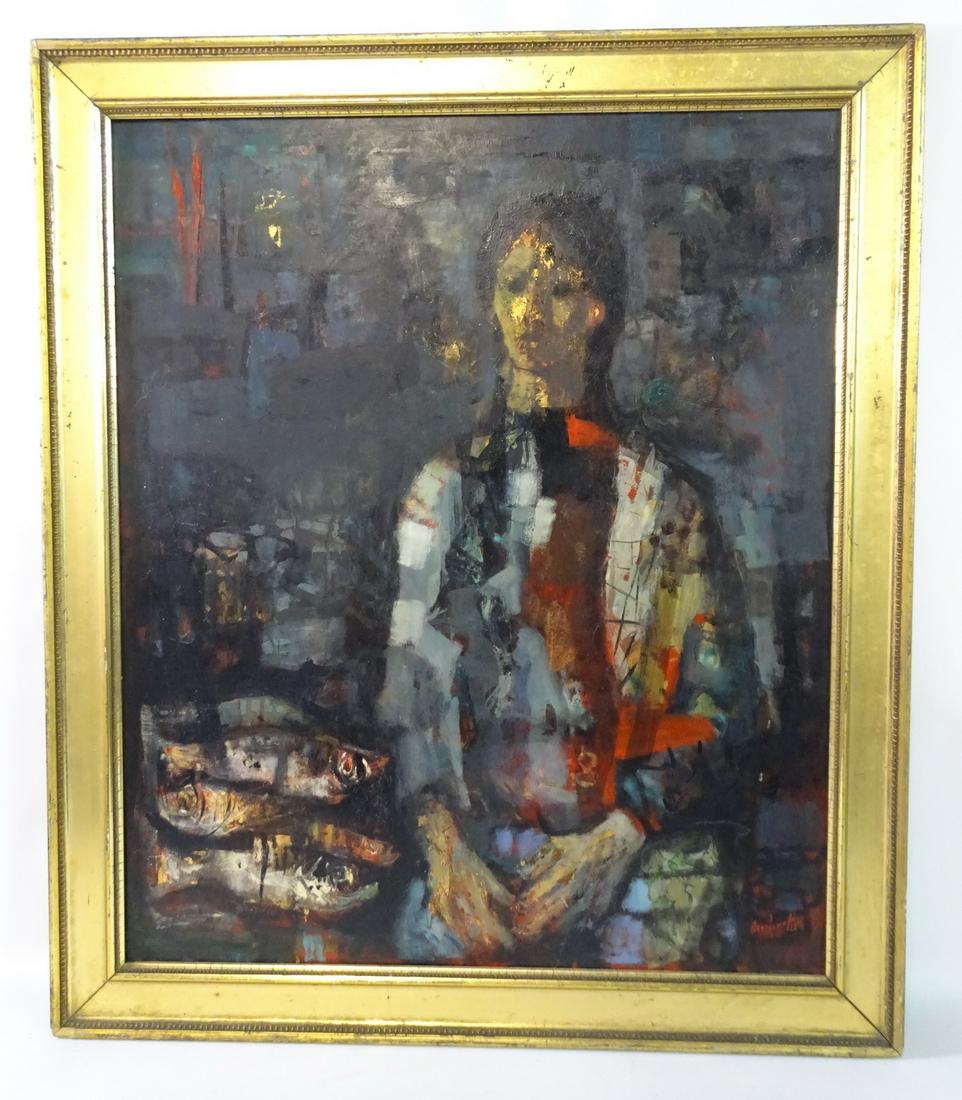 SIGNED O/M ABSTRACT PORTRAIT "WOMAN WITH FISH" 24 1/2" (1 of 8)