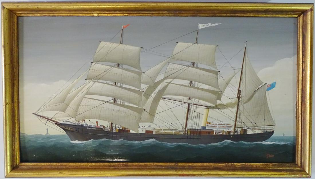 SIGNED OIL ON BOARD CLIPPER SHIP PAINTING, 10" X 18.5" (1 of 6)