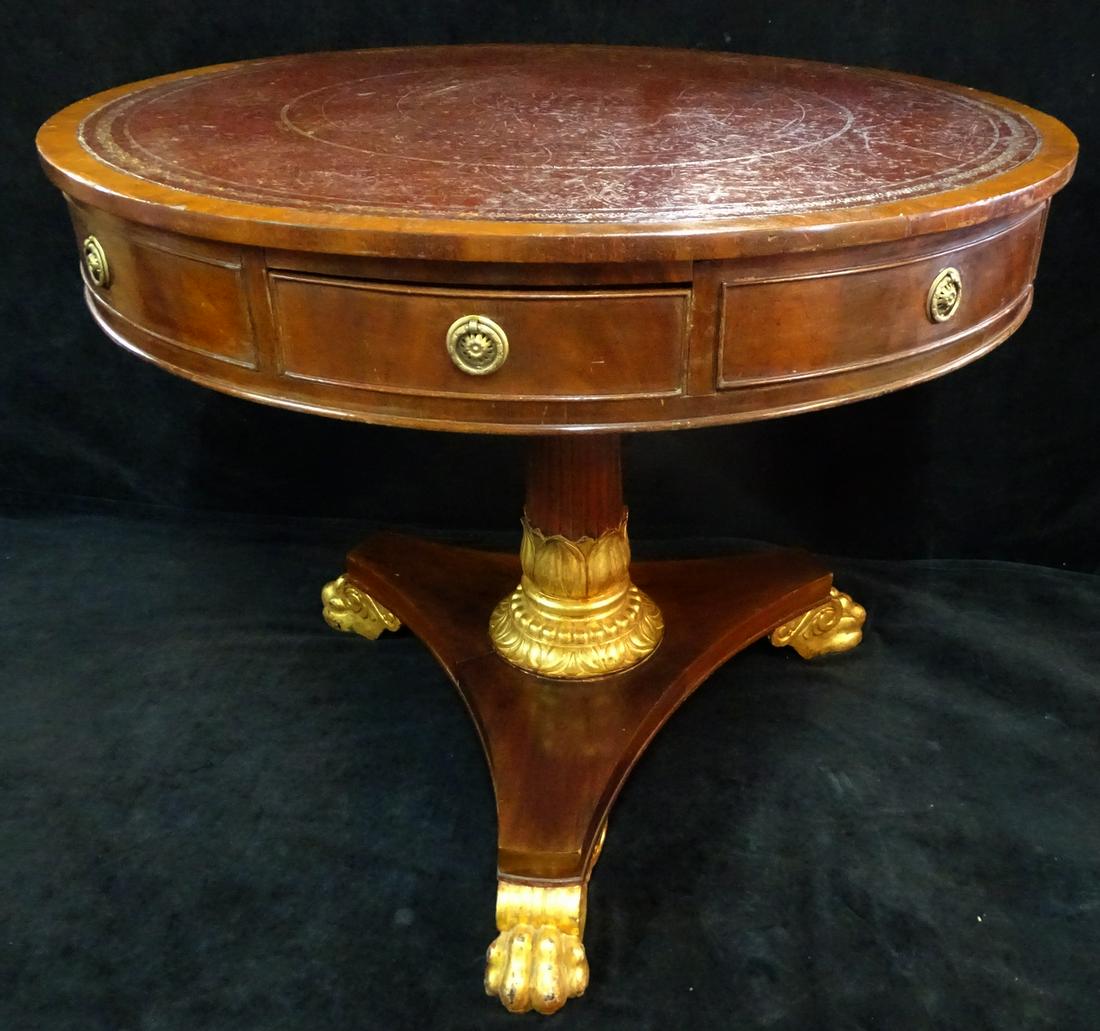 19C. ENGLISH LEATHER TOP W/ GILT BASE DRUM TABLE (1 of 13)