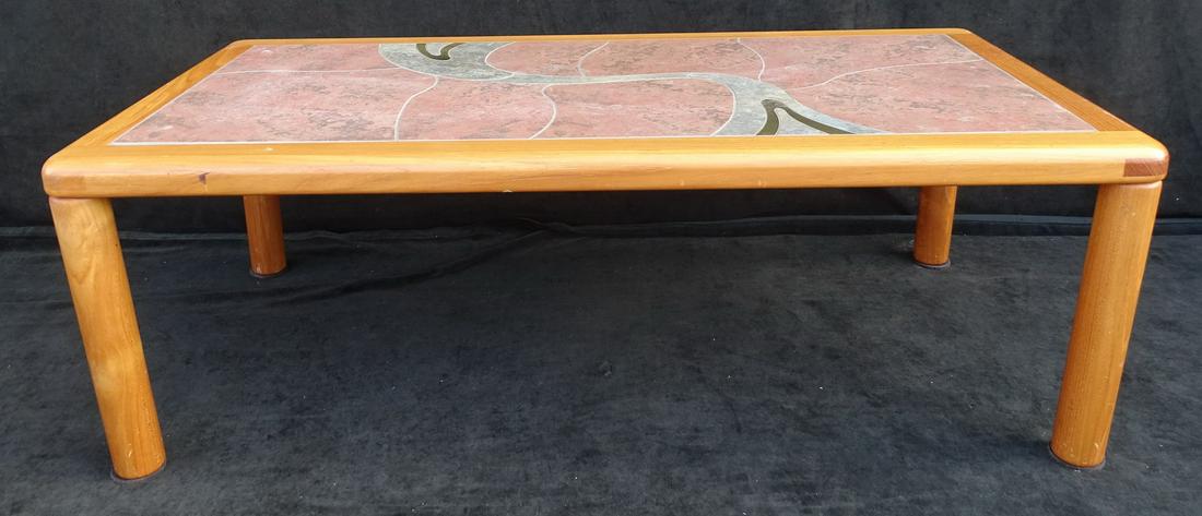 TOU POULSEN FOR HASLEV DANISH ART COFFEE TABLE W/: TOU POULSEN FOR HASLEV DANISH ART COFFEE TABLE W/ CERAMIC TILE AND BRASS INLAY TOP 16.5" X 48" X 24"