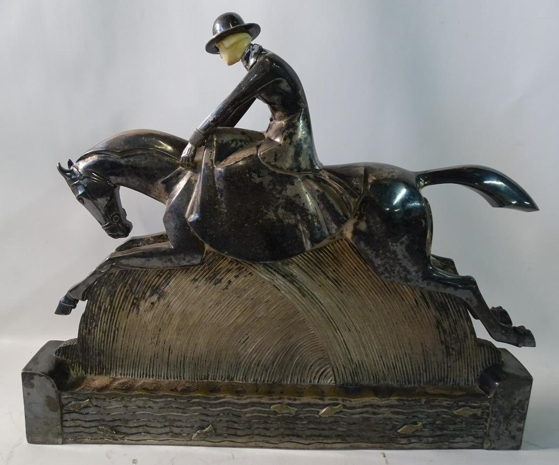 PIERRE LE FAGUAYS SGN. ART DECO S/P OVER BRONZE & BONE: PIERRE LE FAGUAYS SGN. ART DECO S/P OVER BRONZE & BONE TABLE SCULPTURE EQUESTRIAN / WOMAN HORSERIDER 14.5" X 17.5"