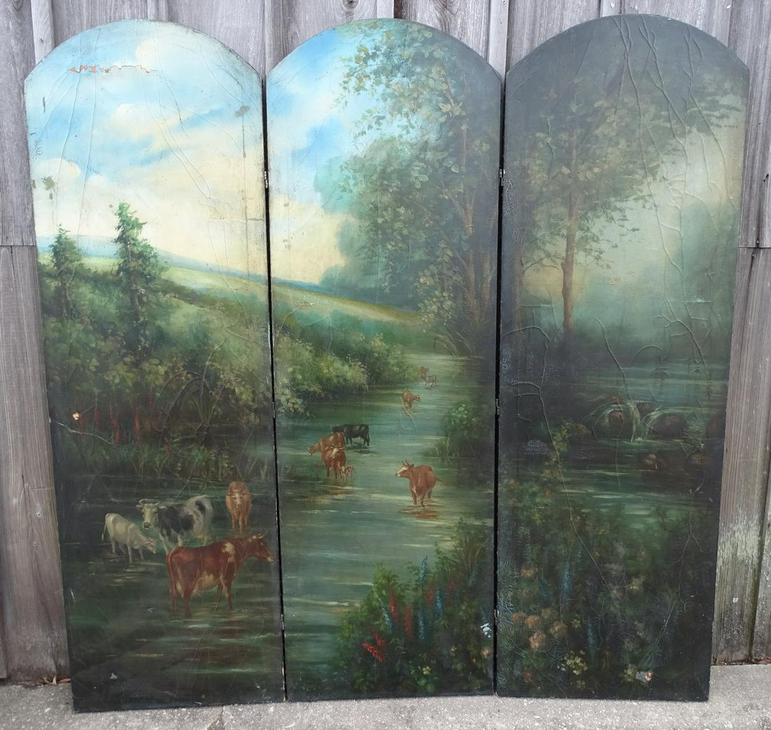 19TH C ANTIQUE PAINT DECORATED 3 PANEL SCREEN SCENE W/ (1 of 10)