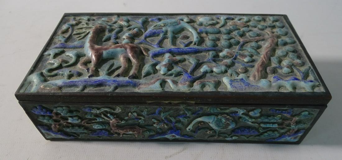 CHINESE ENAMELED BRASS BOX (2" X 6 3/4" X 3 1/2) (1 of 7)