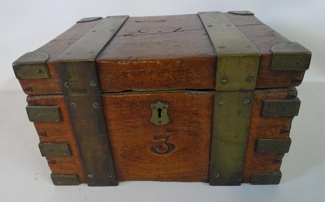 ANTIQUE BRASS BOUND WOOD BOX 9" X 16" X 12 1/4" (1 of 5)