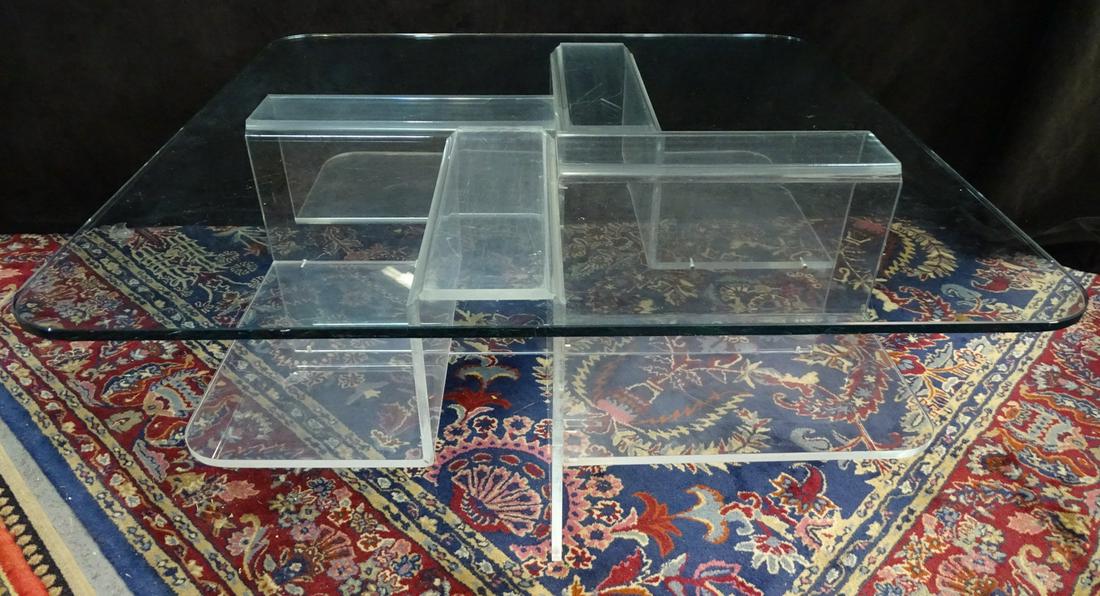 LUCITE GLASS TOP COCKTAIL TABLE 16" X 34" X 34": LUCITE GLASS TOP COCKTAIL TABLE 16" X 34" X 34"