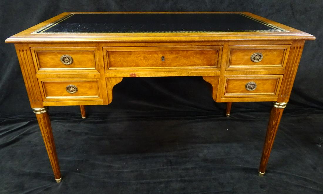 LOUIS XVI STYLE LEATHER TOP BURLED DESK 31X47X27: LOUIS XVI STYLE LEATHER TOP BURLED DESK 31X47X27