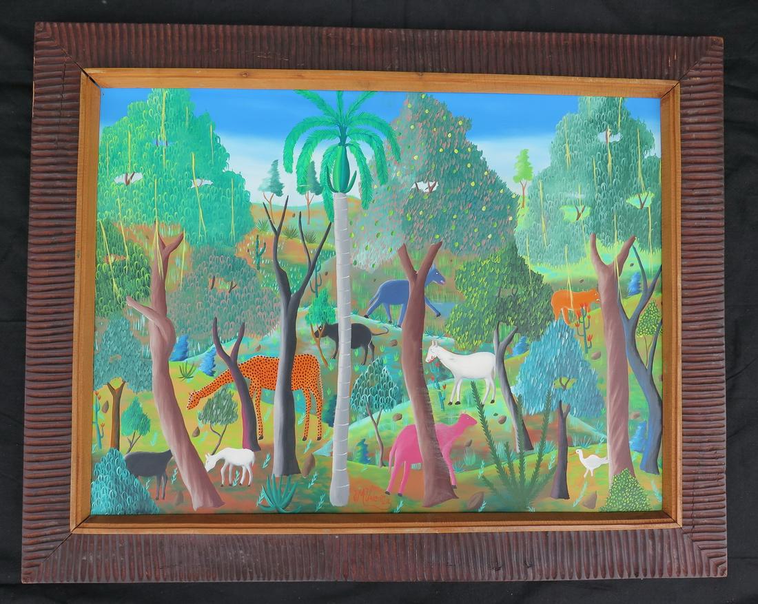 VALENTIN SIGNED JUNGLE LANDSCAPE W/ ANIMALS & CARVED (1 of 7)