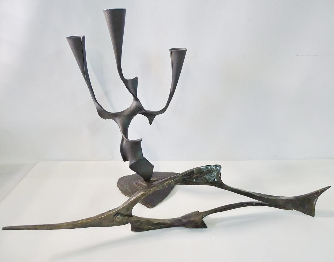 (2) KG MONOGRAMMED IRON SCULPTURES SAILFISH AND: (2) KG MONOGRAMMED IRON SCULPTURES SAILFISH AND CANDELABRA 18 1/2 TALLEST