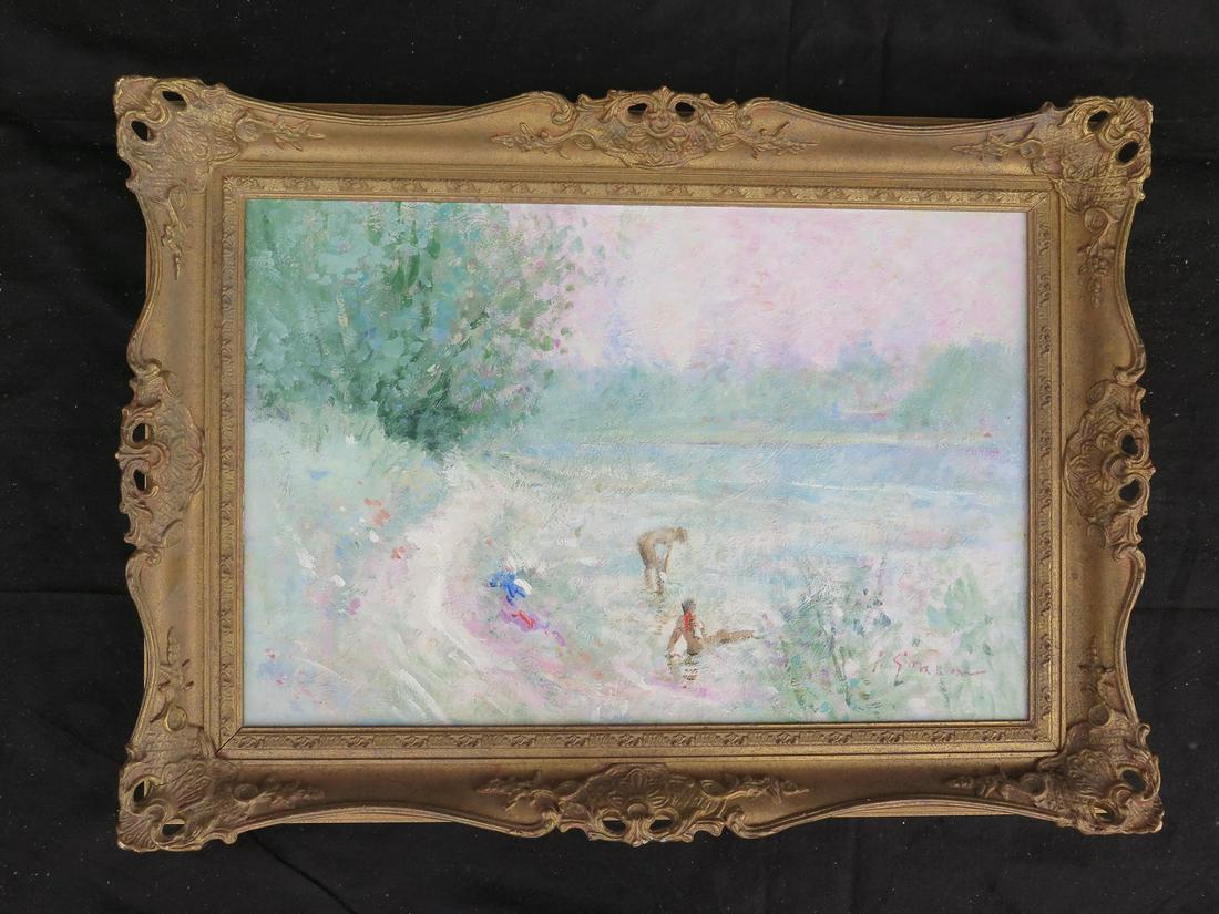SIGNED OIL/PANEL PAINTING "BATHERS" 16 X 24" IMAGE (1 of 6)