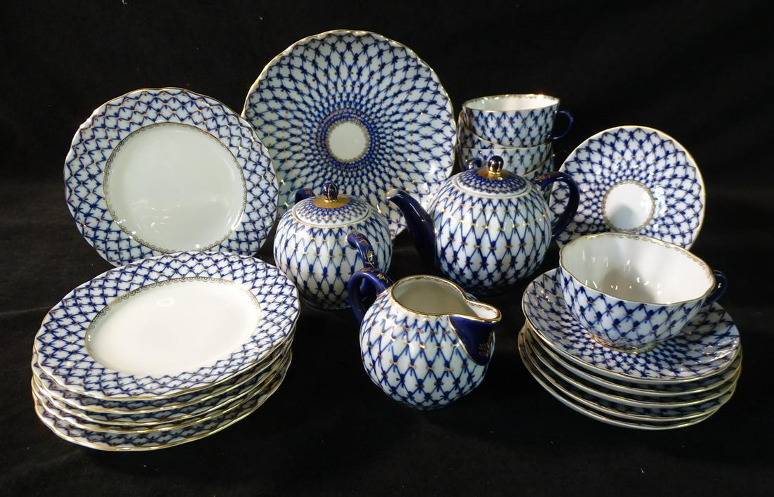 RUSSIAN PORCELAIN TEA SET 22 COUNT, BLUE NET PATTERN & (1 of 7)