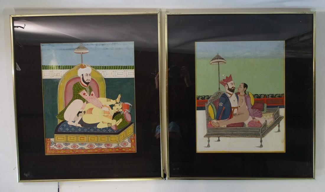 INDIAN MUGHAL EROTIC PAINTINGS PAIR, GOUACHE ON PAPER,: INDIAN MUGHAL EROTIC PAINTINGS PAIR, GOUACHE ON PAPER, CA. 17" X 13" SHEET LARGEST