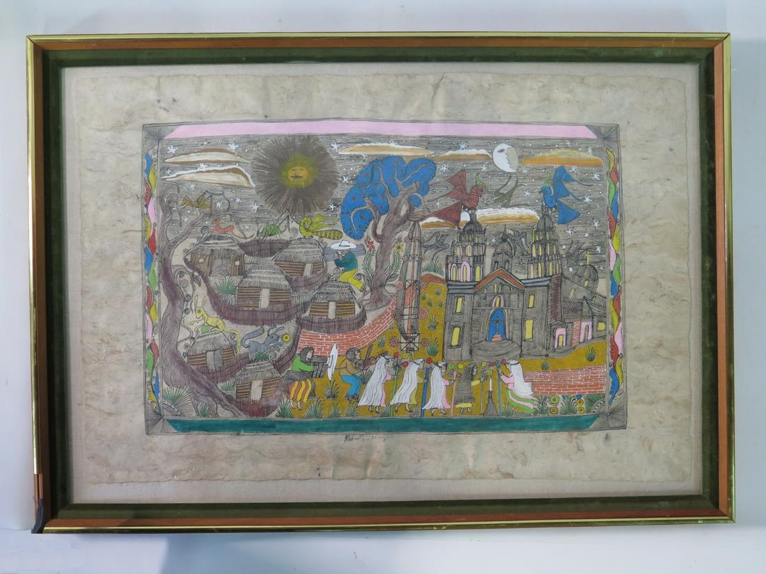 ROBERTO MAURICIO SALAZAR SIGNED MEXICAN FOLK CAMPESION: ROBERTO MAURICIO SALAZAR SIGNED MEXICAN FOLK CAMPESION SCENE MIXED-MEDIA ON AMATE BARK PAPER 16.5" X 25.75" SHEET