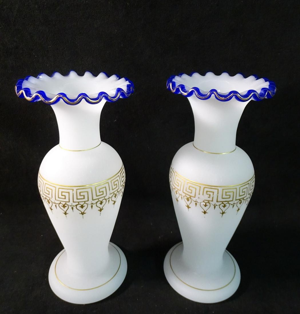 2 OPALINE VASES W BLUE MOUTH, GOLD HEARTS AND BOXES 11": 2 OPALINE VASES W BLUE MOUTH, GOLD HEARTS AND BOXES 11" HIGH 5 DIA.