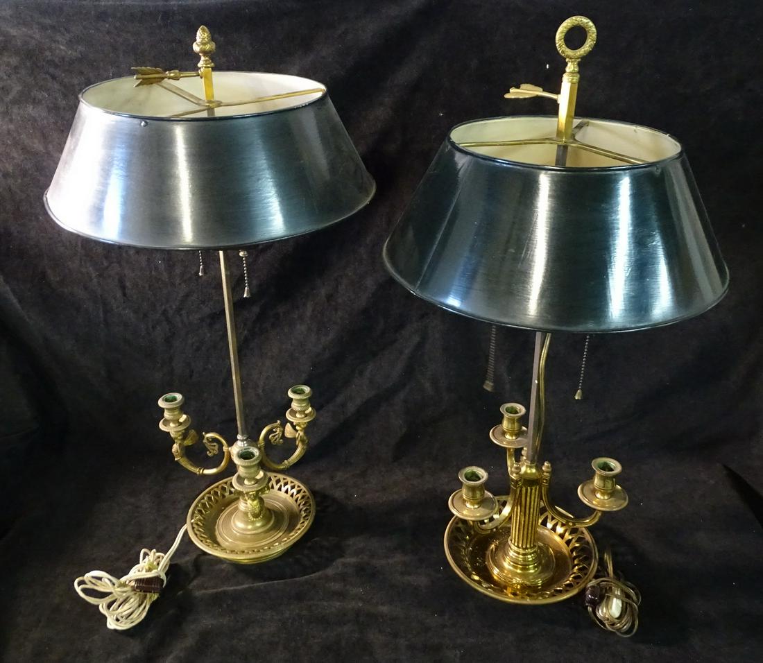 TWO BRONZE BOUILLOTTE LAMPS W/GREEN TOLE SHADES (1 of 9)