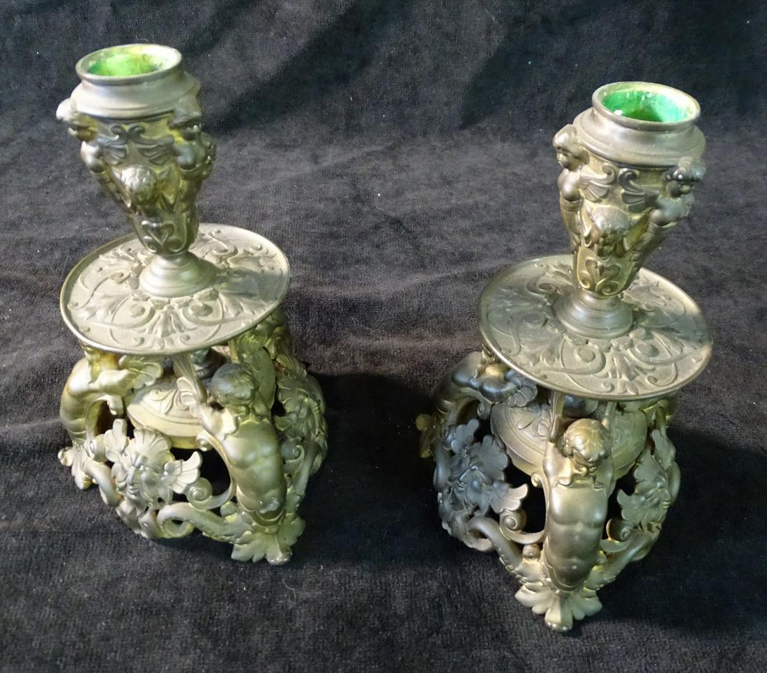 PAIR ANTIQUE FIGURAL BRONZE CANDLESTICKS (1 of 7)