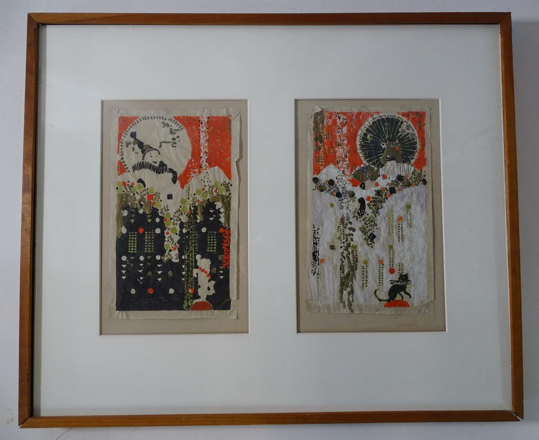 ALFONSO IANNELLI SIGNED 'STUDY; THEATRE LOBBY MURALS',: ALFONSO IANNELLI SIGNED 'STUDY; THEATRE LOBBY MURALS', TEMPERA, GOLD PAINT ON TISSUE PAPER, CA. 1920, CA. 10.5" X 6.5" EACH SHEET