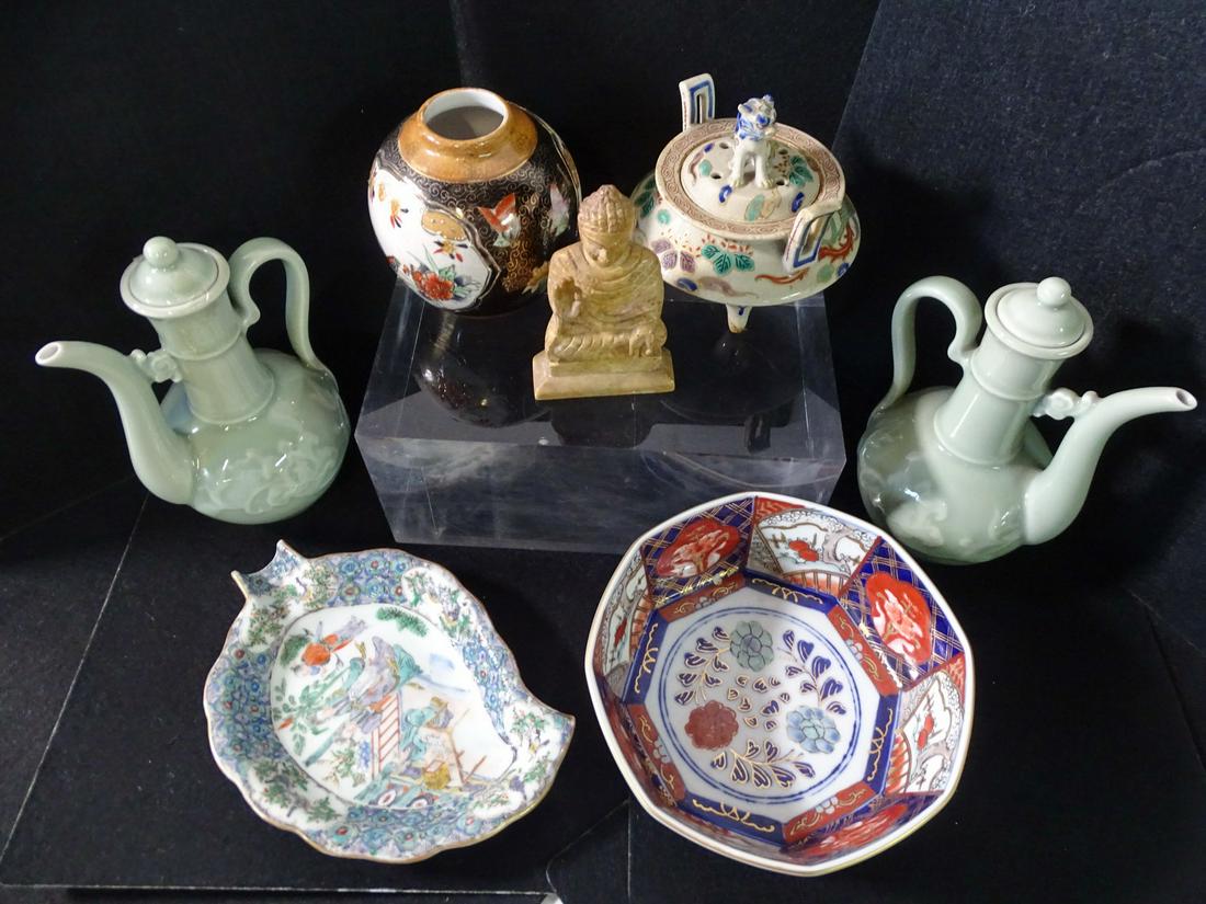 BOX OF ORINETALIA W/ 2 GREEN TEA POTS (1 of 9)