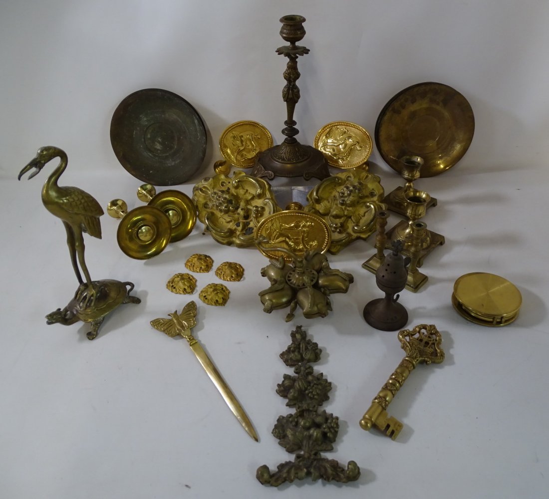 LOT OF BRASS ITEMS W/ PLATES, CANDLESTICKS CURTAIN, TIE-BACKS, INK WELL (1 of 12)