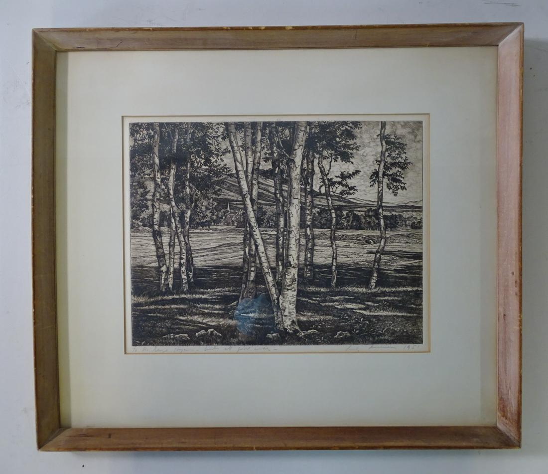 LUIGI LUCIONI SIGNED ETCHING 'LANDSCAPE W/ BIRCH TREES' 1951, 9.25" X 12" IMAGE (1 of 10)