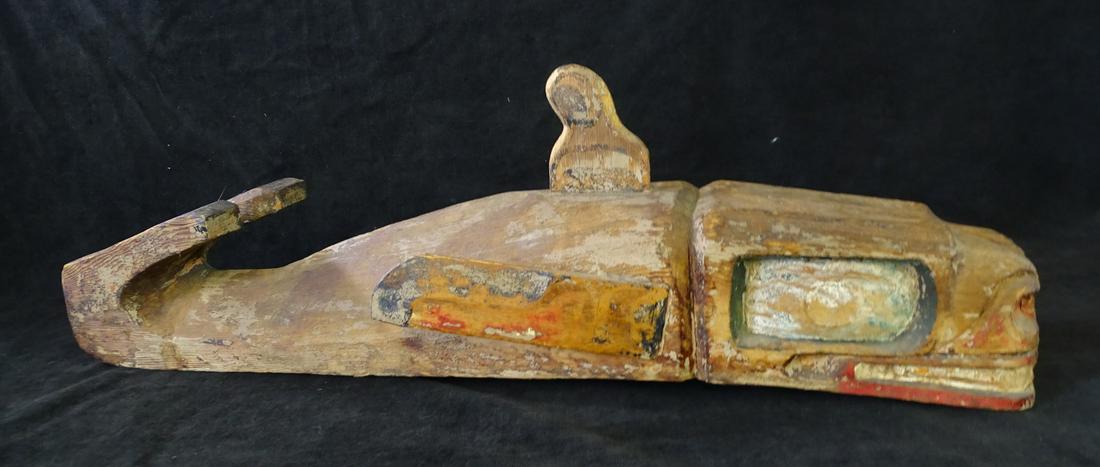 NORTHWEST COAST OLD TLINGIT/HAIDA? HAND CARVED RED CEDAR ORCA WHALE TOTEM FINIAL? BLACK/RED/BLUE: NORTHWEST COAST OLD TLINGIT/HAIDA? HAND CARVED RED CEDAR ORCA WHALE TOTEM FINIAL? BLACK/RED/BLUE PAINT TRACES 30.25" L X 9.25" W X 9.75" H