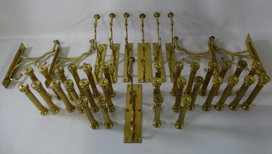 EXTENSIVE LOT OF BRASS HOOKS AND DOOR HANDLES: EXTENSIVE LOT OF BRASS HOOKS AND DOOR HANDLES