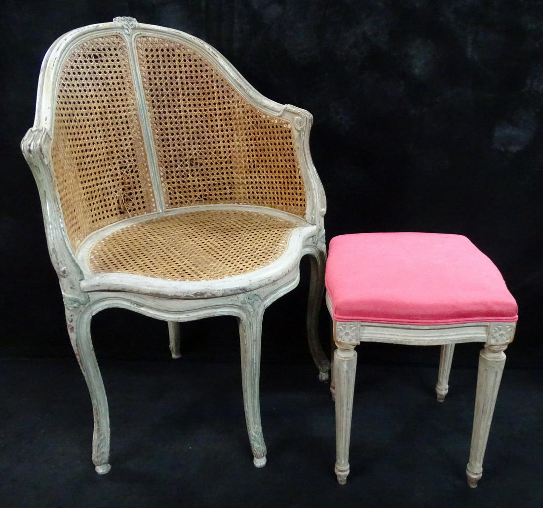 LOUIS XV STYLE PAINT DECORATED CANED CORNER CHAIR & LOUIS XVI STOOL (CHAIR 35 1/2" X 23 1/2" X 22") (1 of 12)