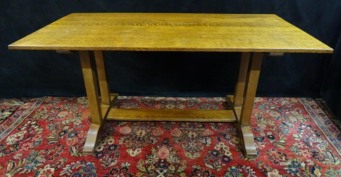 P.E. GANE LTD OAK ARTS & CRAFTS TRESTLE TABLE (29 X 62 X 32 1/2) (1 of 9)
