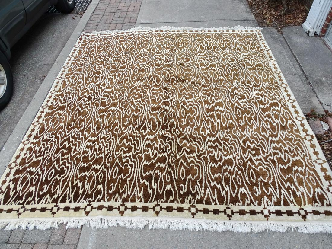 MID CENTURY WOOL RUG W/ABSTRACT FAUX BOIS PATTERN 8'8" X 9 (1 of 10)
