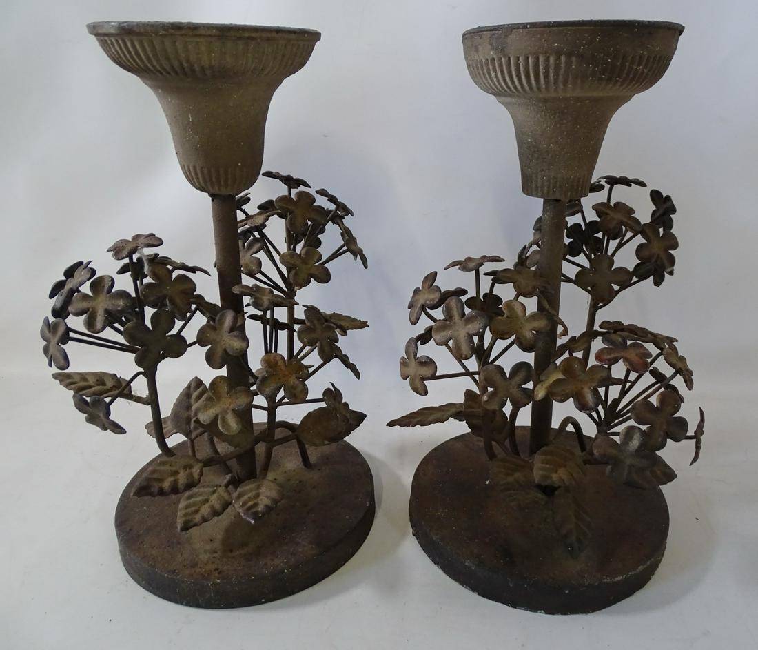 PAIR TOLE CANDLESTICKS W/ FLORAL MOTIF 12" HIGH 8" DIA. (1 of 4)