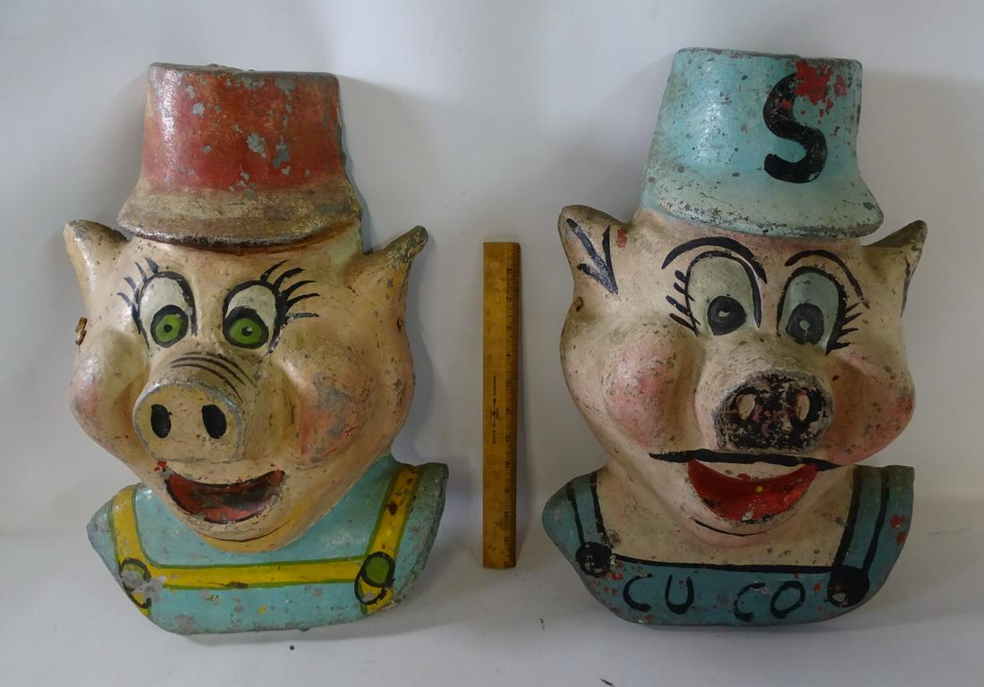 VINTAGE CAST IRON POLYCHROMED FIGURAL PIG S HEAD ADVERTIZING PAIR 19" X 12" X 8" (1 of 12)