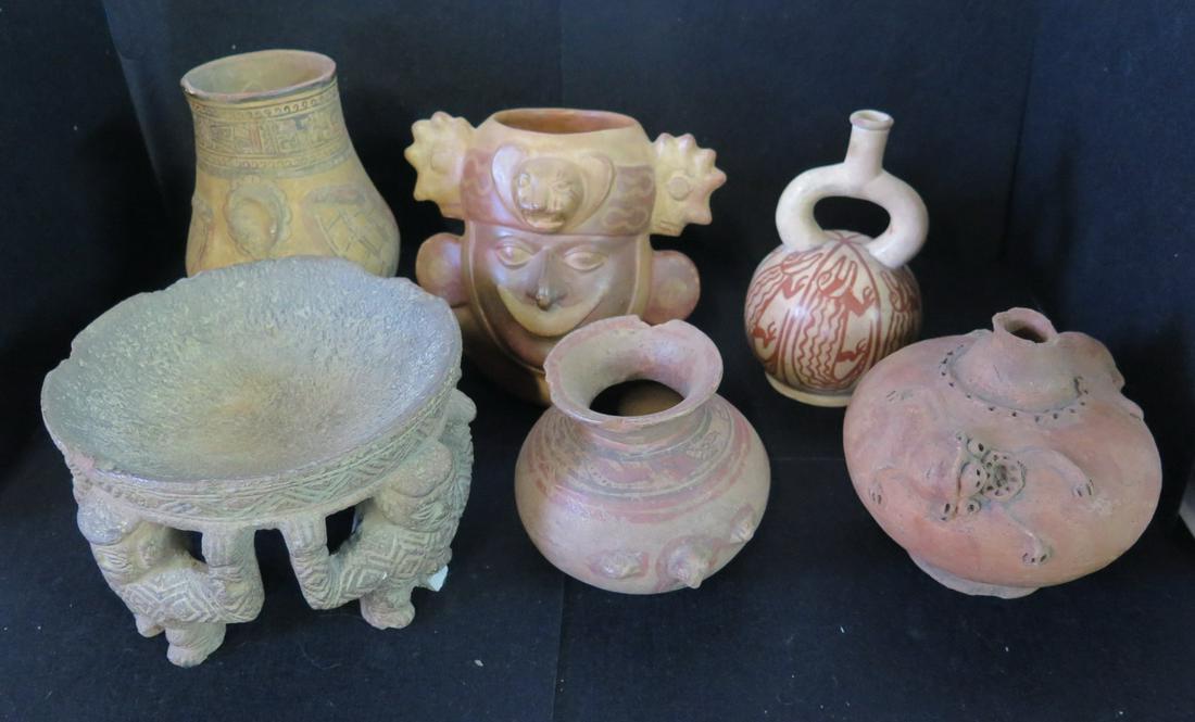 6 MESOAMERIAN POTTERY EXAMPLES, 4 GENUINE, 2 REPLICA: 6 MESOAMERIAN POTTERY EXAMPLES, 4 GENUINE, 2 REPLICA