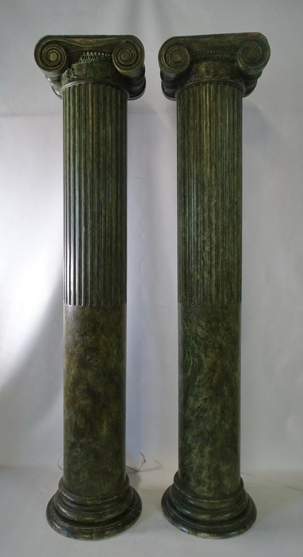 PAIR OF CARVED WOOD PAINT DECORATED REEDED PEDESTALS 55" HIGH: PAIR OF CARVED WOOD PAINT DECORATED REEDED PEDESTALS 55" HIGH