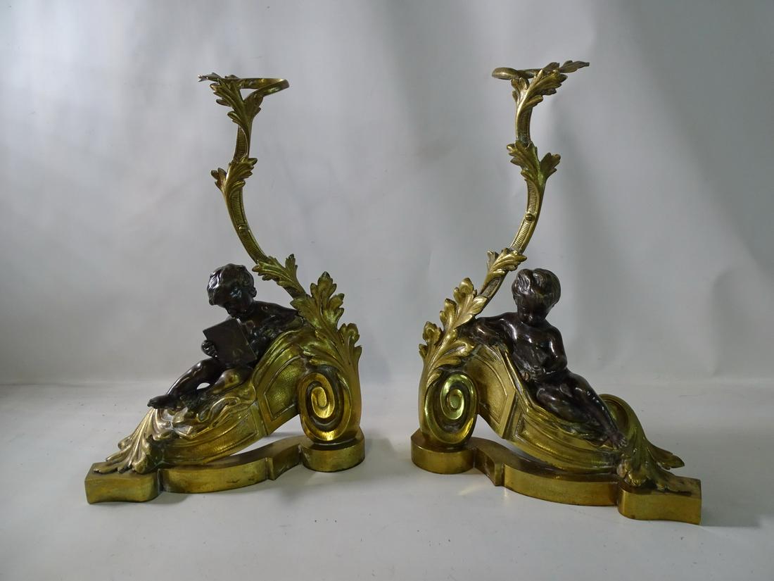 EXTRAORDINARY PAIR OF PUTTI FIGURAL CHENETS / ANDIRONS 18 1/4" HIGH: EXTRAORDINARY PAIR OF PUTTI FIGURAL CHENETS / ANDIRONS 18 1/4" HIGH