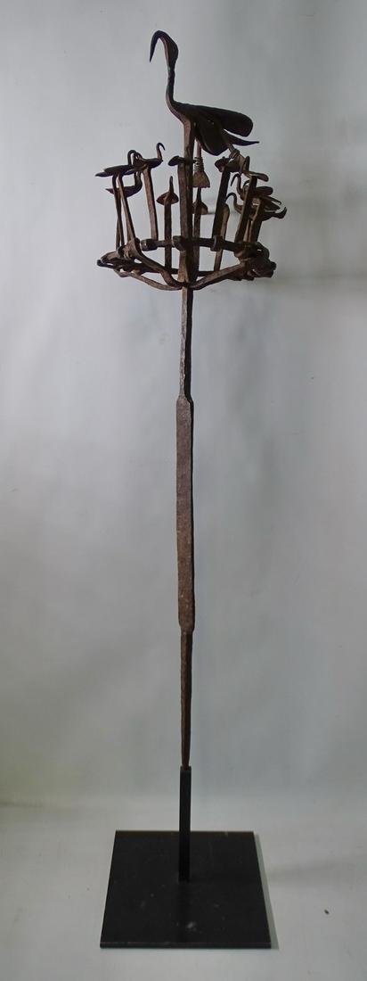 YORUBA NIGERIA 20TH CENTURY IRON HERBALIST STAFF W/ STAND 31" H (STAFF): YORUBA NIGERIA 20TH CENTURY IRON HERBALIST STAFF W/ STAND 31" H (STAFF)