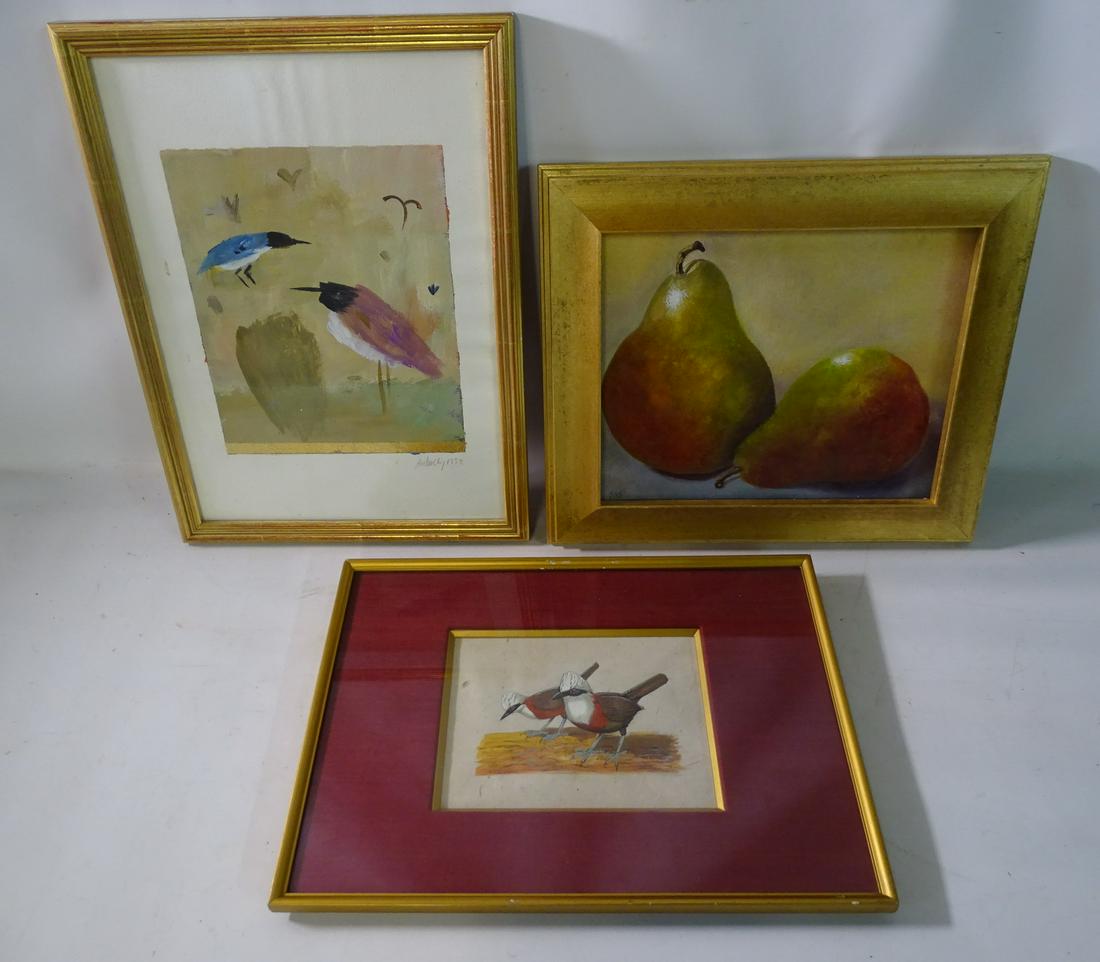 VALENTINA DUBASKY & OTHERS, 3 SMALL GILT FRAMED MIXED-MEIDA ON PAPER, BIRDS & FRUIT, 15.25" X 11.25": VALENTINA DUBASKY & OTHERS, 3 SMALL GILT FRAMED MIXED-MEIDA ON PAPER, BIRDS & FRUIT, 15.25" X 11.25" FRAME LARGEST