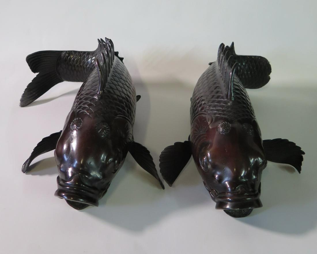 PAIR JAPANESE  BRONZE KOI FISH  SIGNED, ONE TAIL REPAIRED 12" X 6" X 4" (1 of 10)