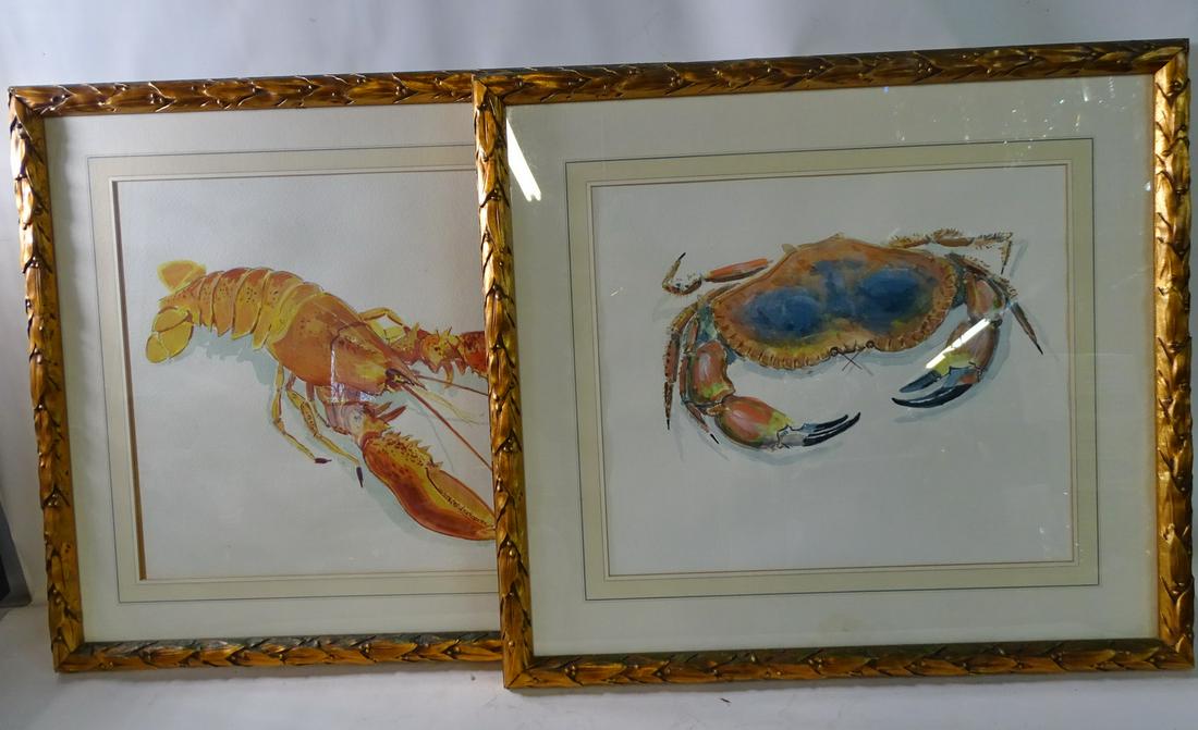GILT FRAMED WATERCOLORS OF SHELLFISH, LOBSTER & CRAB, 25" X 27.5" FRAME (WATERCOLOR SHEETS LOOSE (1 of 10)