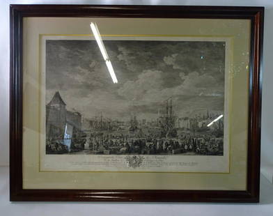 CHARLES-NICOLAS COCHIN II & J.-P. LE BAS W/ J. VERNET "INTERIUR DU PORT DE MARSEILLE" CA. 1760,: CHARLES-NICOLAS COCHIN II & J.-P. LE BAS W/ J. VERNET "INTERIUR DU PORT DE MARSEILLE" CA. 1760, ENGRAVING, 32" X 39.74" FRAME (OUTSIDE)
