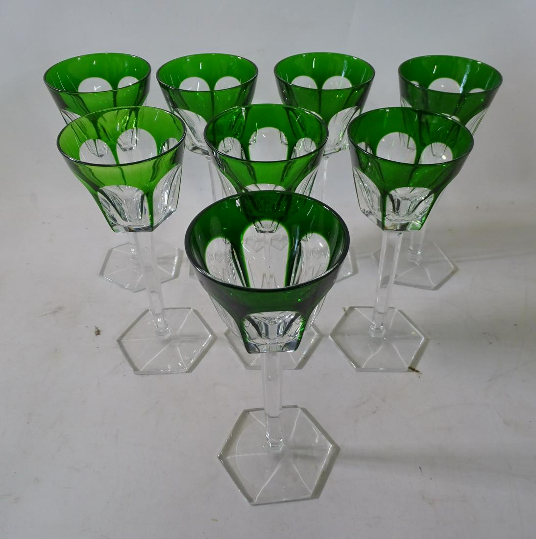 BACCARAT GREEN TO CLEAR CRYSTAL GLASSES (8) 8" H X 3" DIA.: BACCARAT GREEN TO CLEAR CRYSTAL GLASSES (8) 8" H X 3" DIA.